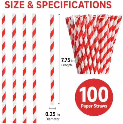 ALINK 100 Red Striped Paper Straws, 7.75 Inch x 0.25 Inch Party Straws