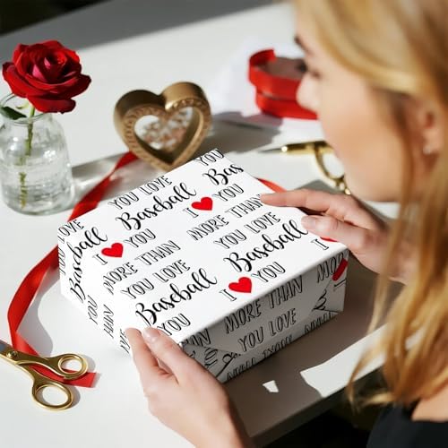 WRAPAHOLIC Funny Valentines Day Wrapping Paper Roll - Mini Roll - 17 Inch x 16.5 Feet - I Love You More Than Baseball Wrapping Paper for Valentine's Day, Anniversary, Birthday, Boyfriend, Husband