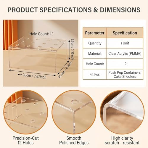 12 Hole Clear Acrylic Push Pop Cake Stand, Reusable Cake Pop Ice Cream Cone Holder Display Rack, Push Tube Containers Stand for Wedding Birthday Party Desserts Showcasing
