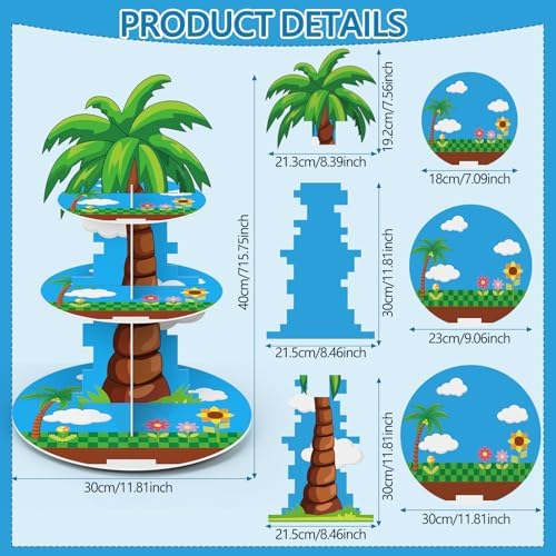 Blue Cupcake Stand Cartoon Themed Birthday Party Decorations 3 Tier Palm Tree Dessert Cake Toppers Stand Decorations Cupcake Holder Tower for Video Games Party Supplies Pixel Baby Shower