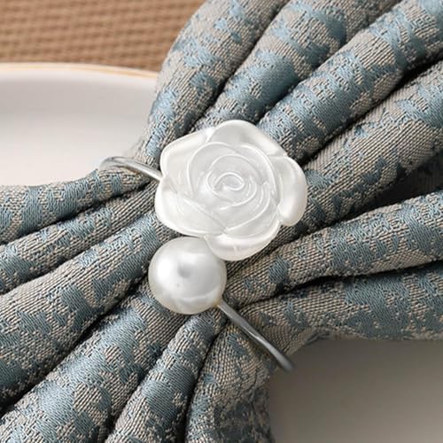 Silver Valentine's Day Napkin Rings Set of 6, Metal Rose Pearl Valentine's Day Napkin Holders Holiday Mother's Day Wedding Table Decorations Party Supplies