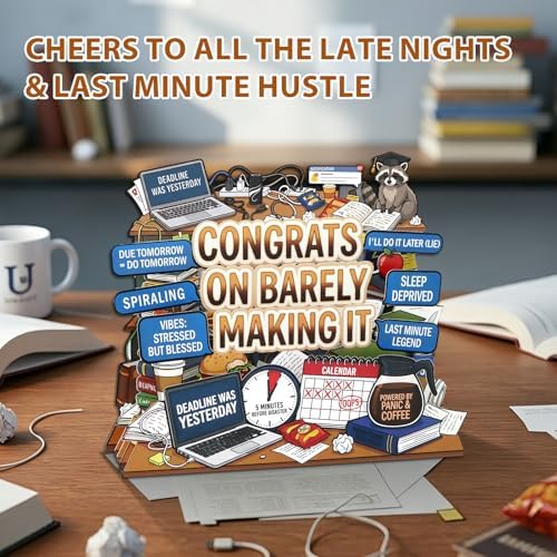 D4DREAM Funny College Graduation Gifts - MeMe Congrats on Barely Making It, Raccoon, Powered by Panic & Coffee, Pop Up Graduation Card for High School College Graduates, 5-Layer Grad Decor