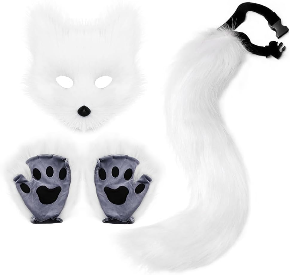 JUNBOON Faux Fur Cat Ears and Wolf Fox Tail Set Adult Kids Claw Glove Kit for Halloween Anime Cosplay Party