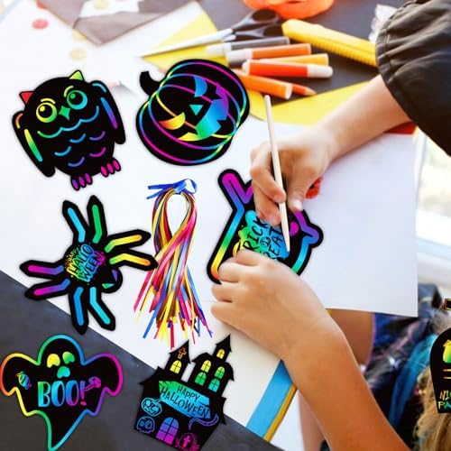 MGparty Halloween Crafts for Kids, 96PCS Rainbow Scratch Art Cards Bulk Set