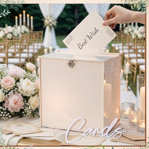 BreezeHug 10" Light Beige Acrylic Wedding Card Box with Lock & DIY Letters
