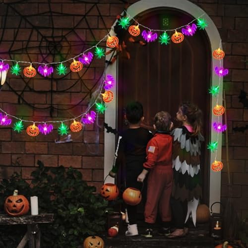 2 Pack Halloween Lights Outdoor Indoor Decorations Total 40FT 60 LED Pumpkin Bat Spider Halloween String Lights Battery Operated, 8 Modes Waterproof Cute Fairy Lights for Home Office Outside Decor