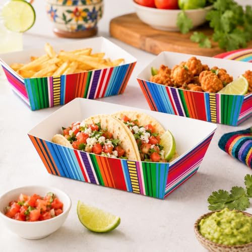 100 Pcs Mexican Fiesta Paper Food Trays, Pre-Folded Disposable Food Boats for Tacos, Nachos, Burritos, Fries, Snacks, Taco Tuesday, Fiesta Party Supplies