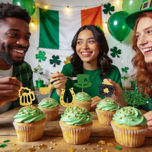 24Pcs St.Patrick's Day Cupcake Toppers, Lucky Shamrock Cake Decorations