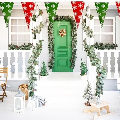 99Ft Christmas Pennant Banner Flags String Hanging Green and Red Garland with White Snowflakes Triangle Bunting Flags Party Decor for Winter Xmas Party Events Grand Opening Yard Decorations