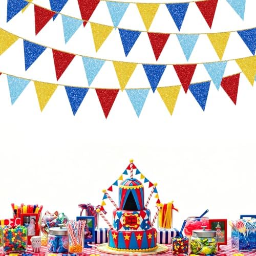 30Ft Carnival Circus Party Decorations Glitter Red Blue Yellow Pennant Banner Flag Triangle Bunting Garland Streamers for Carnival Birthday Circus Clown Graduation Dog Paw Party Decor Supplies