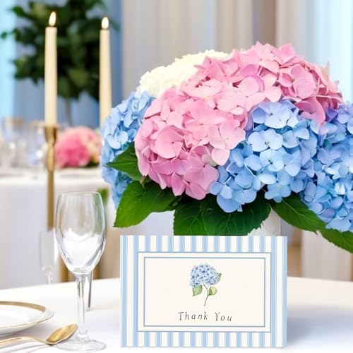 JarThenaAMCS 50 Pack Hydrangea Thank You Cards White Blue Floral Stripe Greeting Cards with Envelopes Stickers Blank Note Card for Wedding Bridal Baby Shower Birthday Party, 4 x 6 Inch