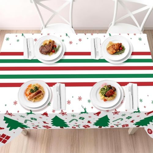 Childom 3 Pack Christmas Tablecloth,Christmas Decorations 54"x108" Disposable Plastic Table Cover for Rectangular Tables,Xmas Tree Table Cloth for Home,Dinner,Indoor,Holiday,Birthday Party Supplies