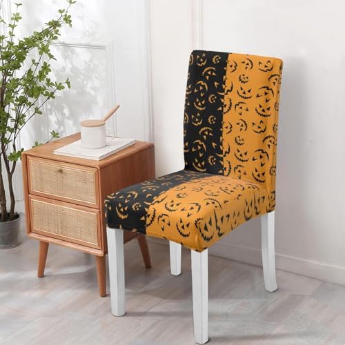 4 Pcs Halloween Dining Chair Covers, Spooky Pumpkin Stretch Removable Washable Seat Slipcovers, Horror Scary Kitchen Dining Room Hotel Decor