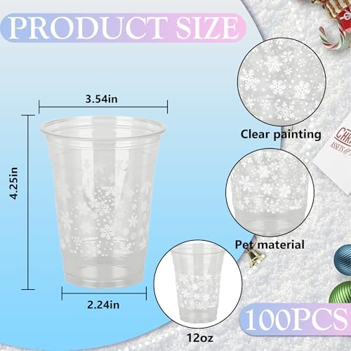 AimFun 100 Ct Snowflakes Plastic Cups Christmas Clear Party Cup, 12oz