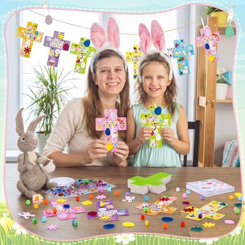 Funrous 48 Sets Crafts Kit Paper Crafts DIY Make Your Own Hanging Ornaments with Pompoms Diamond Stickers for Holiday Classroom Activities Party Favors, Easter Cross