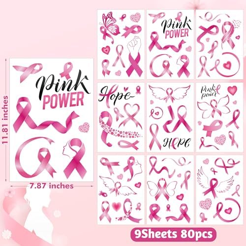 9 Sheets Breast Cancer Awareness Window Clings, 79 Kinds of Pink Window PVC Stickers for Pink Ribbon Decorations, Hope Fight Cancer Theme Windows Decals for Glass Home Decor Supplies