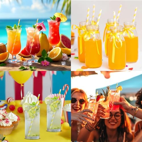 7.75" Yellow White Striped Paper Drinking Straws, Lemonade Straws 100 ct