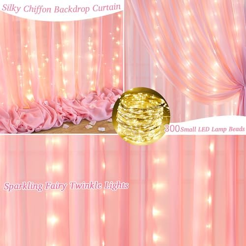 10ft x 10ft Baby Pink Backdrop Curtain with Lights String for Parties,2 Panels Sheer Tulle Curtain Wedding Photo Backdrop with Lights for Baby Shower Birthday Party Ceremony Home Decorations