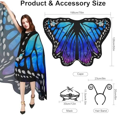 Adult Butterfly Costume Women Monarch Butterfly Wings Cape Shawl Halloween 3Pcs Mask Hairband