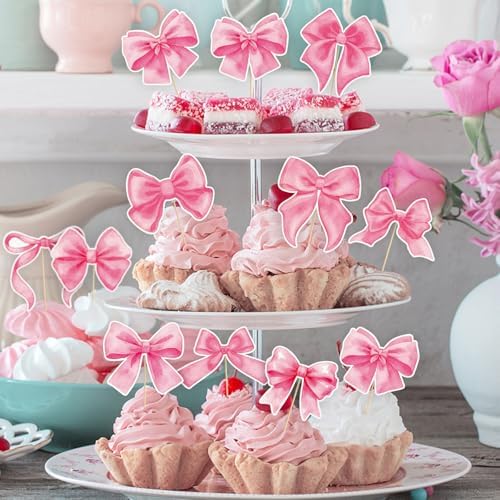 Hooqict 40Pcs Pink Bow Cupcake Toppers Pink Bow Birthday Cake Decorations Cupcake Picks for Girls Coquette Birthday Decorations Baby Shower Bachelorette Bridal Wedding Party