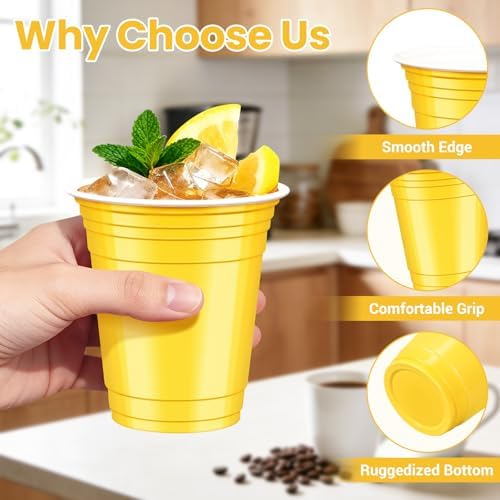 50 Pcs Yellow Plastic Cups, 12 oz Disposable Cups for Party