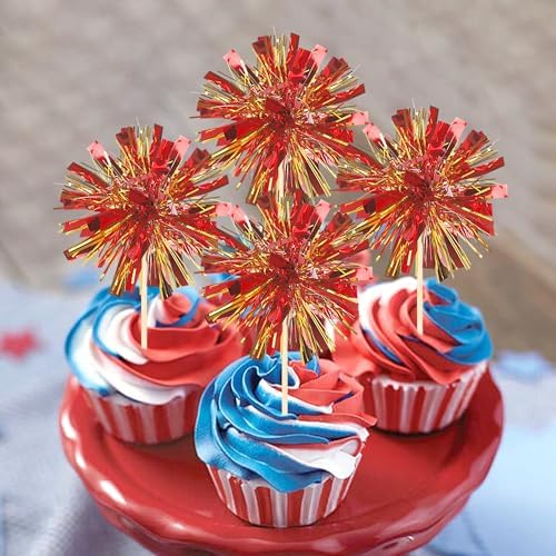 30 PCS Foil Firework Cupcake Toppers Sparkle Tinsel Cupcake Picks Happy Birthday Cake Decorations Drink Stirrers Cocktail Food Fruit Toothpicks for Baby Shower Graduation Party Supplies Red Gold
