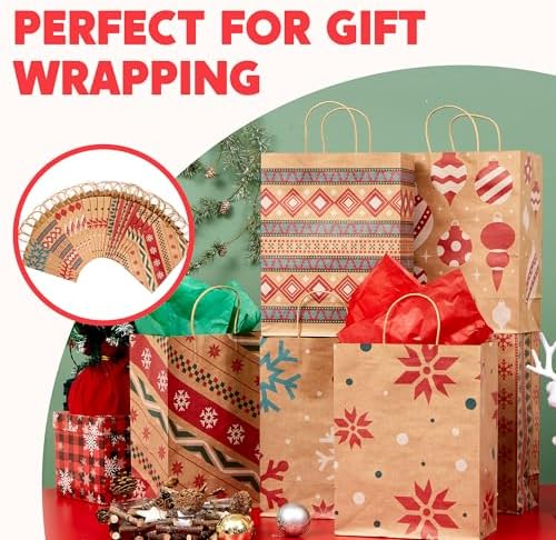JOYIN 24 PCS Christmas Kraft Gift Bags Xmas Holiday Paper Goody Wrap Shopping Bags with Handles for Holiday Presents, Giant Gifts Decorations, Classrooms and Party Favors (10 x 13 x 5)