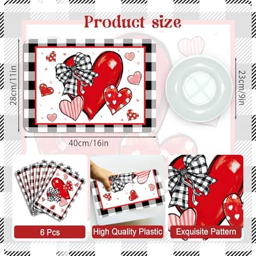 6 Set Valentine's Day Placemats, 11x16 Inch Buffalo Plaid Red Heart Plastic Placemats Seasonal Bow Tie Spring Holiday Table Mats for Wedding Party Festival Decor