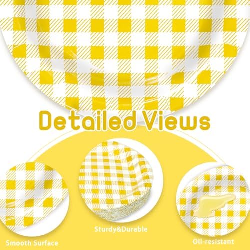 Vyntra 50 Pcs Yellow Gingham 9 Inch Round Paper Dinner Plates