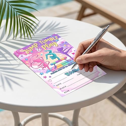 Gymnastics Birthday Invitation Girl, Pink Purple Gymnastics Double-Sided Fill In Style Invites with Envelopes for Birthday, Jump Party Invitation For Girls, Teens, Bday Party Favor & Decoration