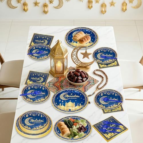 96 Pcs Ramadan Plates and Napkins Forks Sets - Blue Gold Eid Mubarak Themed Round Tableware, Disposable KAREEM Paper Plates Napkins Kit for Ramadan Party Supplies Favors Table Decorations, Serves 24