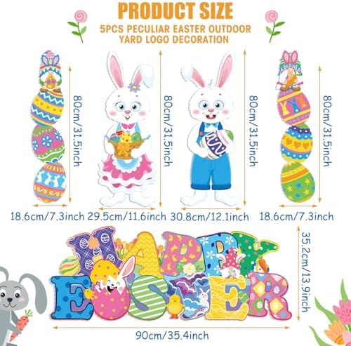Wenqik 5 Pcs Happy Easter Decorations Outdoor Easter Yard Signs with Stakes Large Bunny Eggs Hunt Lawn Decor Waterproof Spring Rabbit Yard Stakes for Outside Home Garden Porch Hunt Game Party Supplies