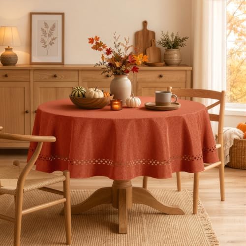 MIULEE Burnt Orange Fall 60 Inch Round Linen Tablecloth with Cutouts