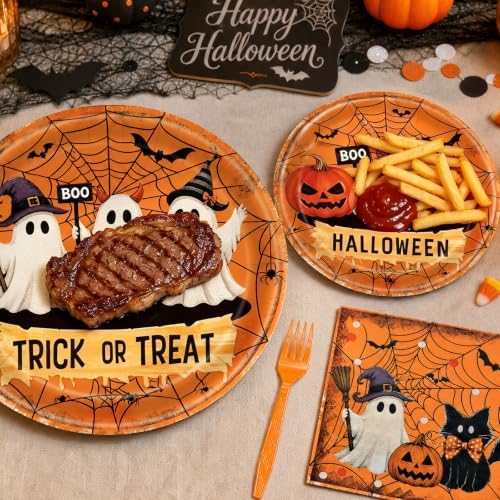 96 Pieces Halloween Ghost Tableware Set – Trick or Treat Disposable Paper Plates and Napkins for Halloween Party Decorations, Ghost Theme Party Supplies, Spooky Celebrations and Trick or Treat Events