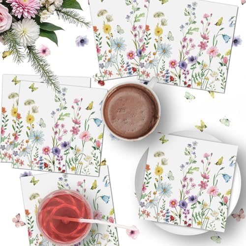 40 Pcs Spring Floral Napkins 13 x 13 Inches - Wildflower Butterfly Party Napkin, 3-Ply Flower Cocktail Disposable Paper Napkins Hand Towles Set for Easter Birthday Weeding Tea Party Supplies Decor