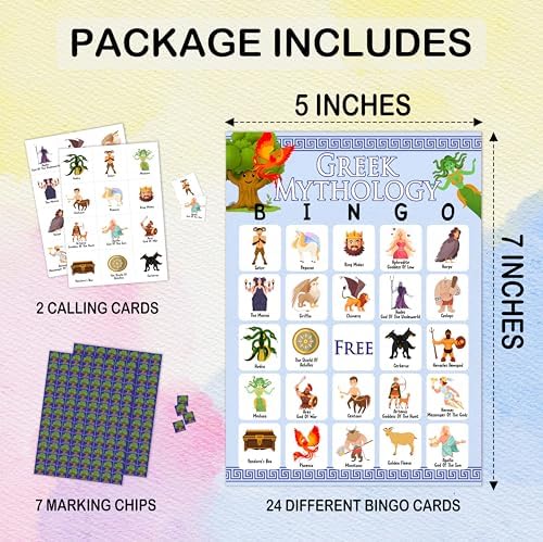 Greek Mythology Bingo Games, Ancient History Travel Trip Bingo Cards, Greek Theme Party Game for Adults Family, Christmas Party Activities, 24 Bingo Sets, A005