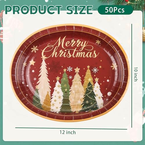 Christmas Oval Plates 10x12 Inch, Christmas Tree Disposable Plates