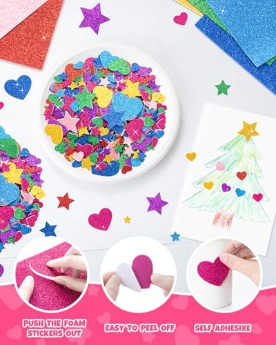 1024PCS Glitter Foam Stickers for Kids - Self-Adhesive Heart & Star Shapes, Sparkle Craft Stickers for DIY Greeting Cards, Scrapbooking, Home Decor, Envelopes & Children's Art Projects