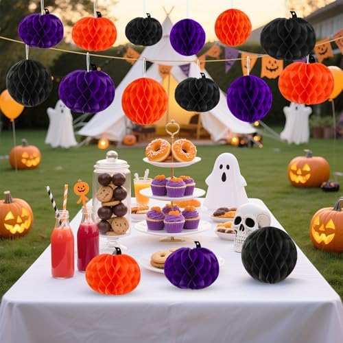 15Pcs Halloween Honeycomb Hanging Decorations Orange Purple Black
