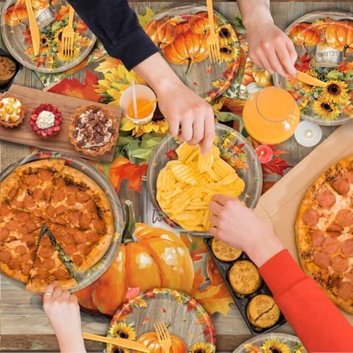 140Pcs Fall Thanksgiving Party Supplies Tableware Set for 20 Guests, Pumpkin Paper Plates and Napkins Cups Tablecloth Cutlery Straws for Autumn Harvest Party Decoration