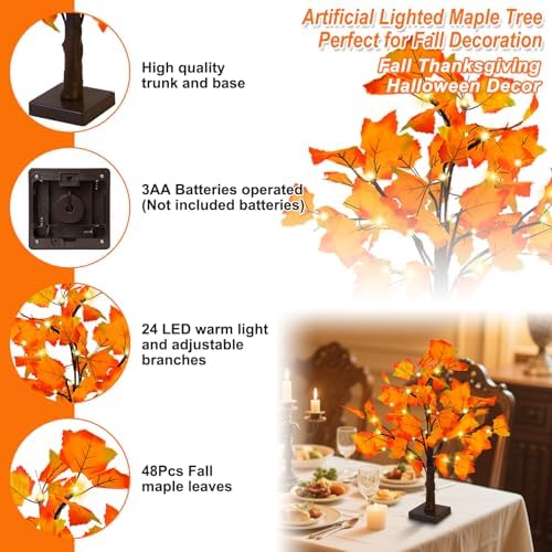 Fall Decor 2 Pack Fall Trees Artificial Lighted Maple Tree Thanksgiving Decor 48 LED Table Fall Lights Up Tree Battery Operated for Wedding Party Gifts Indoor Outdoor Autumn Harvest Home Decorations