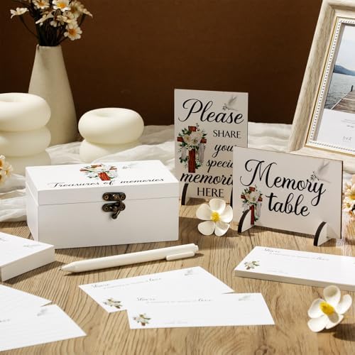 Gilprop 112 Pcs Celebration of Life Memory Cards Set Share a Memory Cards with Box 2 Wood Sign with 4 Hold and 5 Pens, Sympathy Memorial Gifts Funeral Keepsake Decorations(Cross)