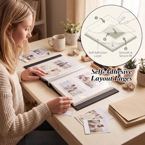 Self Adhesive Scrapbook Album, 11 × 10.6 Inch, Black Linen Cover