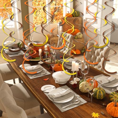 24 PCS Gold Brown Orange Hanging Swirl,Sparkle Ceiling Hanging Decorations,Plastic Streamer Party Decorations with Double-Swirls and Single-Swirls for Fall Birthday, Harvest, Thanksgiving Day,Wedding