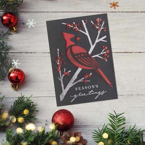 Masterpiece Striking Cardinal Holiday Cards / 10 Boxed Laser Cut Red Christmas Bird Cards With Coordinating Envelopes / 5" x 7" Folded Winter Seasonal Greeting Card Pack With Inside Verse