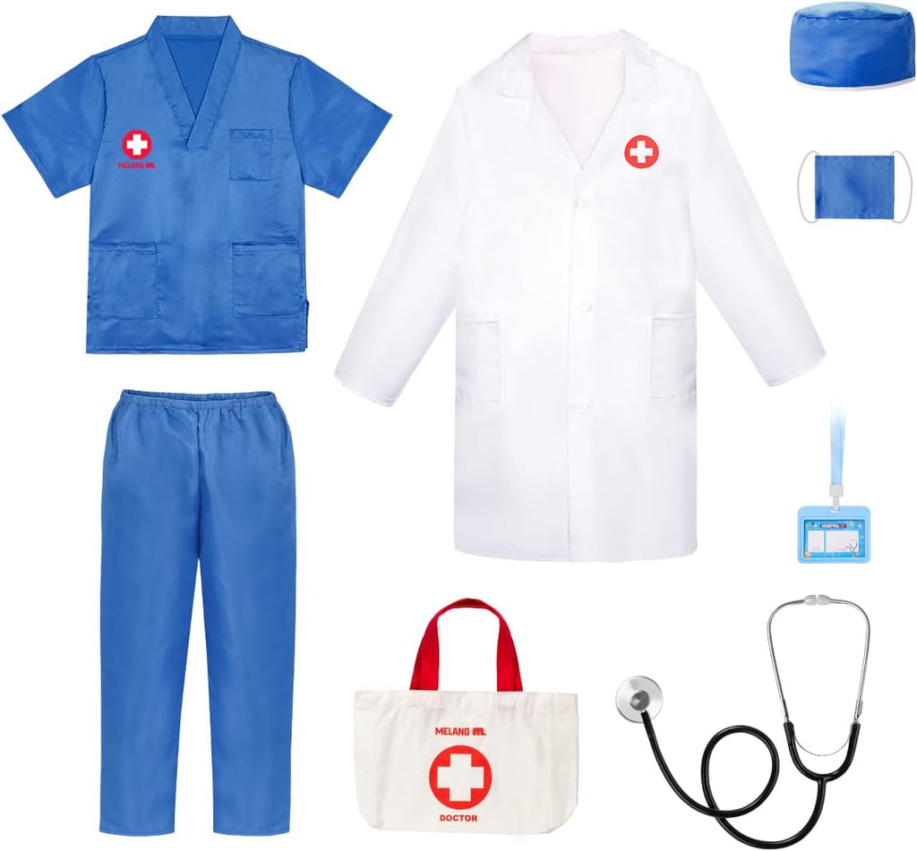 Meland Doctor Costume for Kids 3-10, Pretend Play Career Dress Up with Bag