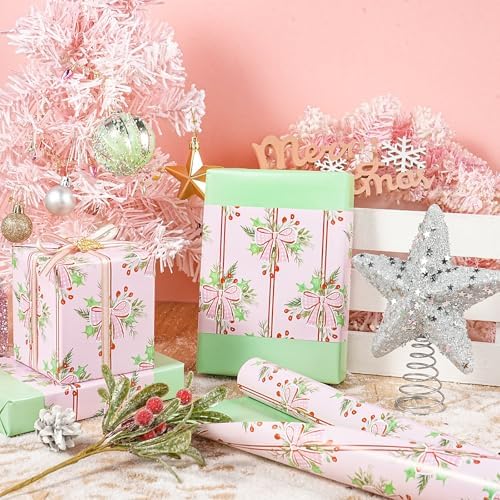 LeZakaa Christmas Wrapping Paper Roll, Pink Red Bow Berry Green Solid Color Design Holiday Gift Wrap for Kids Girls Women, Watercolor Style for Christmas Party Present, Mini Roll 17" x 16.4 ft