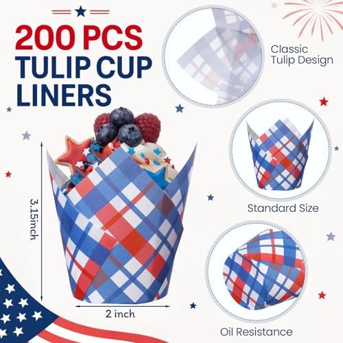 Maxdot 200 Pcs Red Blue Plaid Tulip Cupcake Liners for Baking 4th of July Paper Muffin Baking Cups Patriotic Gingham Tulip Muffin Liners Wrappers for Independence Day Memorial Day Party Supplies