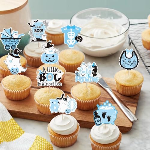 Rsstarxi 40 Pack Halloween Baby Shower Cupcake Topper Spooky Witch Cupcake Picks A Baby Is Brewing Cake Decorations for Happy Halloween Boo Gneder Reveal Boys Birthday Party Supplies Blue