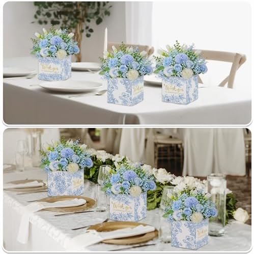 Cinrobiye 24 Pcs Dusty Blue Wedding Centerpieces for Tables, Blue Floral Table Decorations, Flower Centerpiece Boxes for Bridal Shower, Baby Shower, Engagement and Wedding Reception Decor
